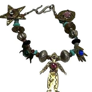 Deborah Roberts Bohemian Mixed Metal CharmCelestial Star Hamsa Stone Beads 6.14"